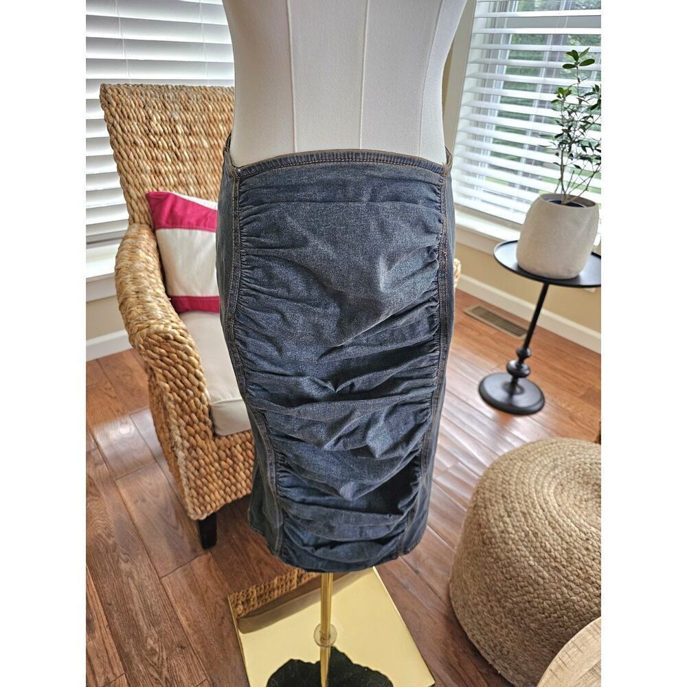 Arden B Vintage Denim Jean Ruched‎ Pencil Skirt Women's Size L Made in USA